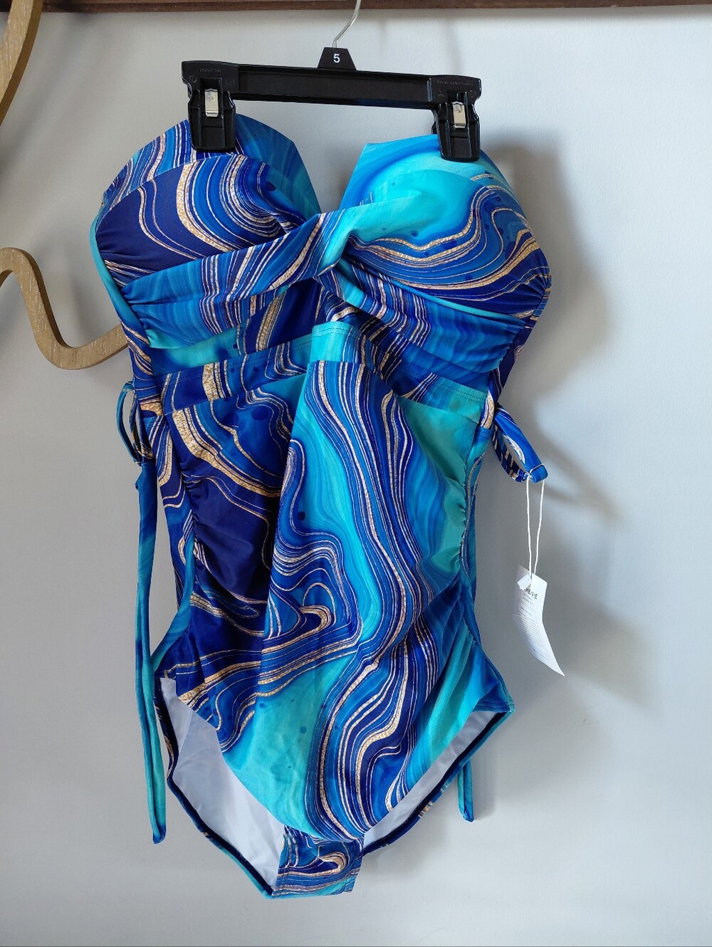 Blue Abstract Push-Up Wrap Waist One Piece Swimsuit, Ladies Medium